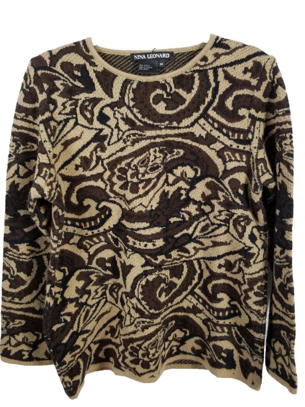 VINTAGE 90s Nina Leonard Sweater Women Medium Acrylic Brown Paisley Knit Leopard